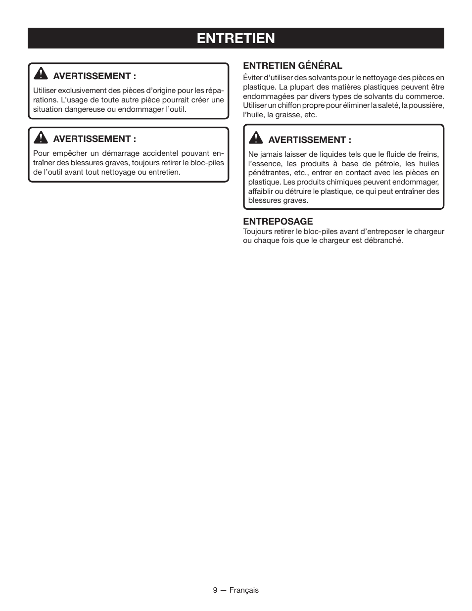 Entretien | Ryobi P125 User Manual | Page 17 / 28
