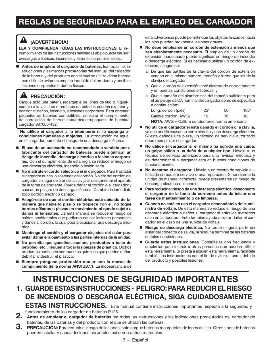 Instrucciones de seguridad importantes, Reglas de seguridad para el empleo del cargador | Ryobi P125 User Manual | Page 19 / 28