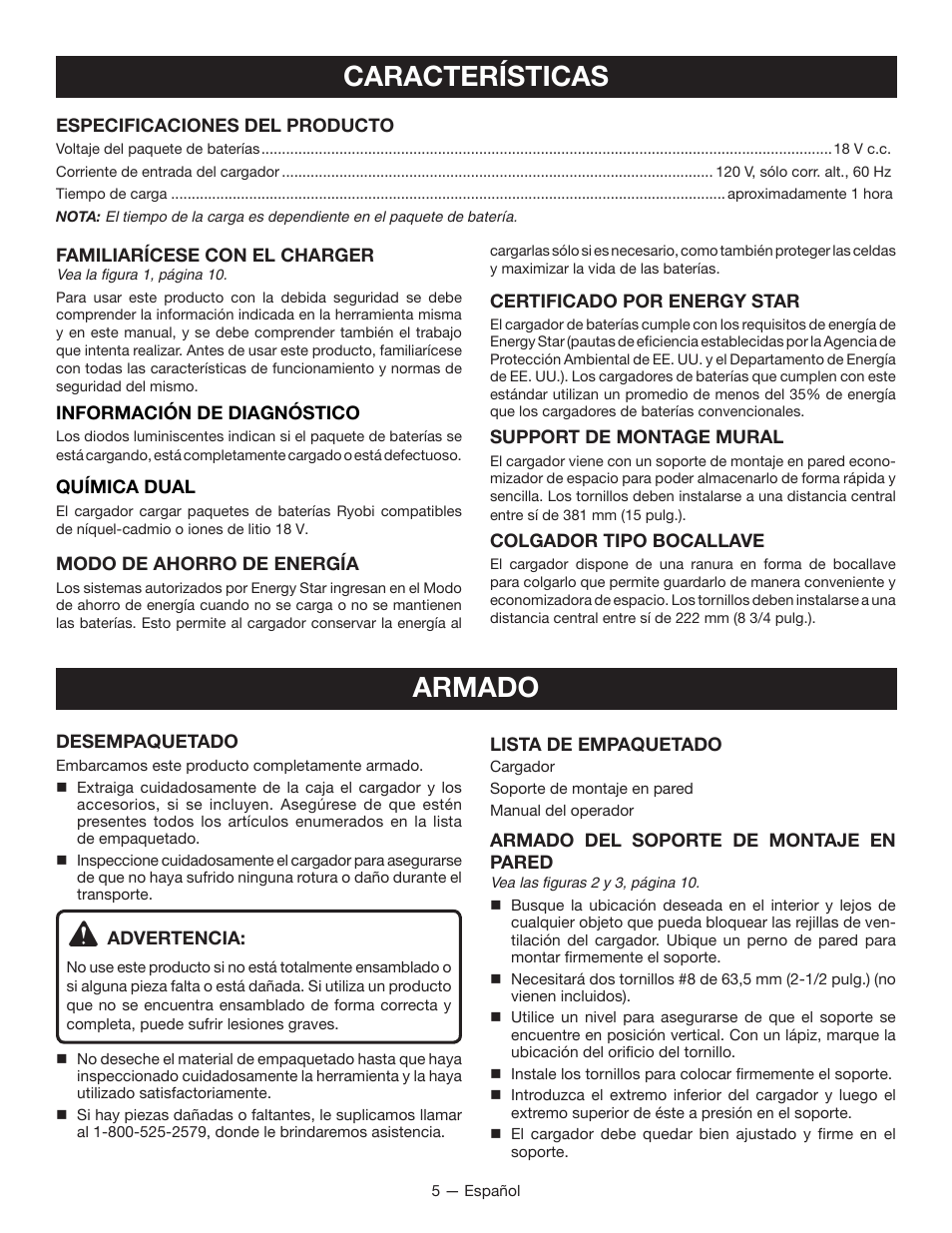 Características, Armado | Ryobi P125 User Manual | Page 21 / 28