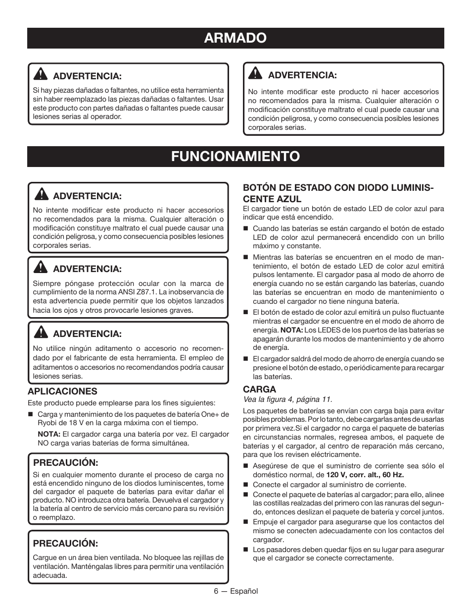 Funcionamiento, Armado | Ryobi P125 User Manual | Page 22 / 28