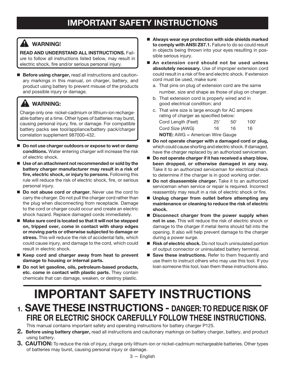 Important safety instructions, Save these instructions | Ryobi P125 User Manual | Page 3 / 28