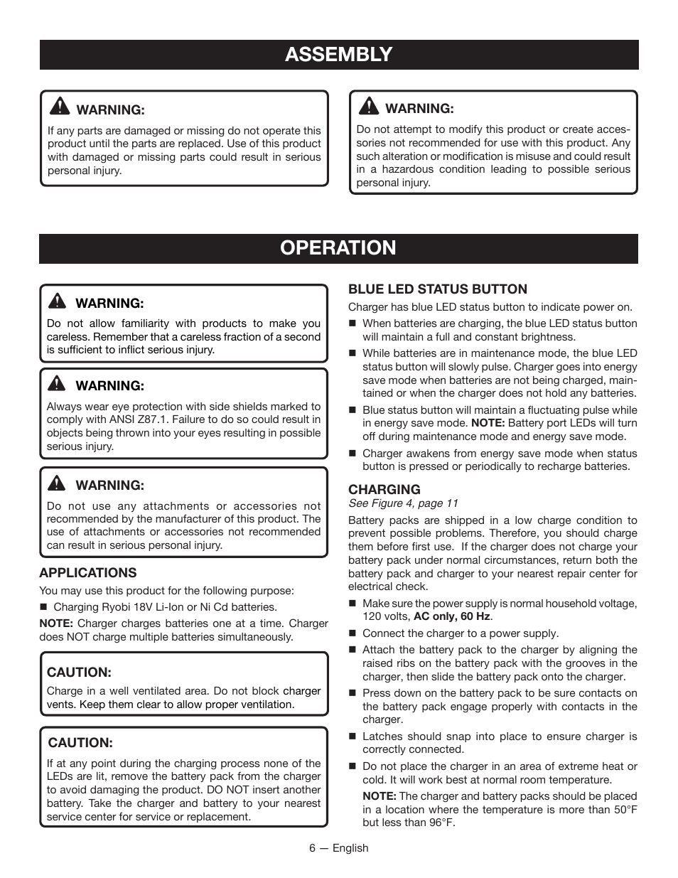 Operation, Assembly | Ryobi P125 User Manual | Page 6 / 28