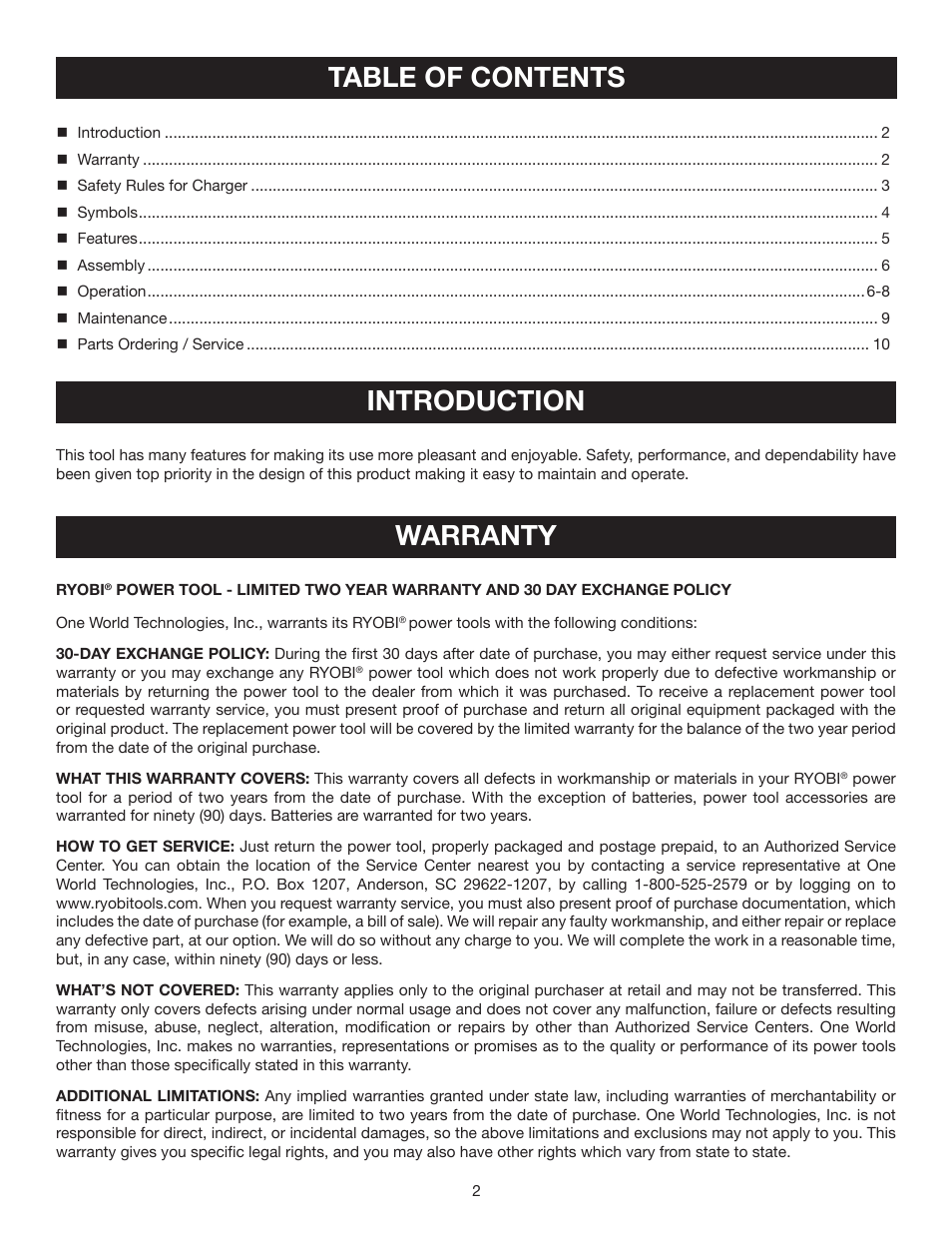 Table of contents introduction, Warranty | Ryobi P130 User Manual | Page 2 / 10