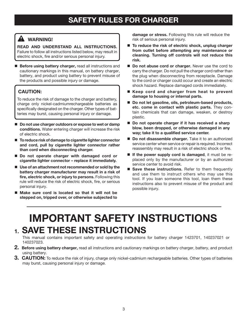 Important safety instructions, Save these instructions, Safety rules for charger | Ryobi P130 User Manual | Page 3 / 10