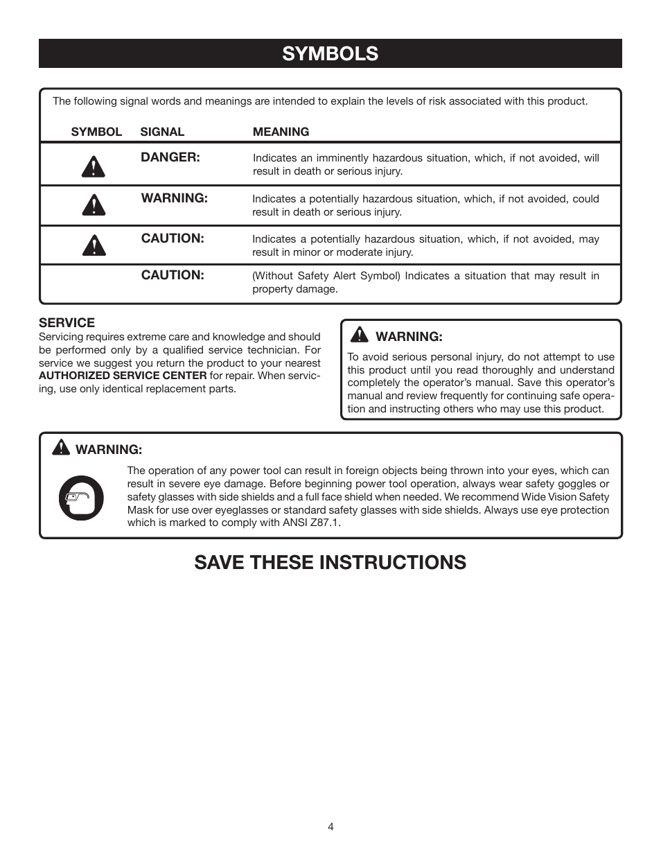 Symbols, Save these instructions | Ryobi P130 User Manual | Page 4 / 10