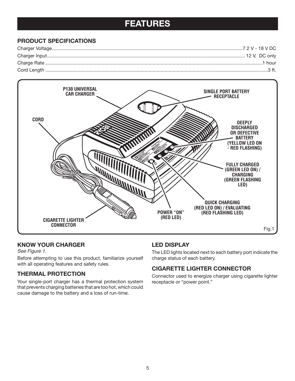 Features | Ryobi P130 User Manual | Page 5 / 10