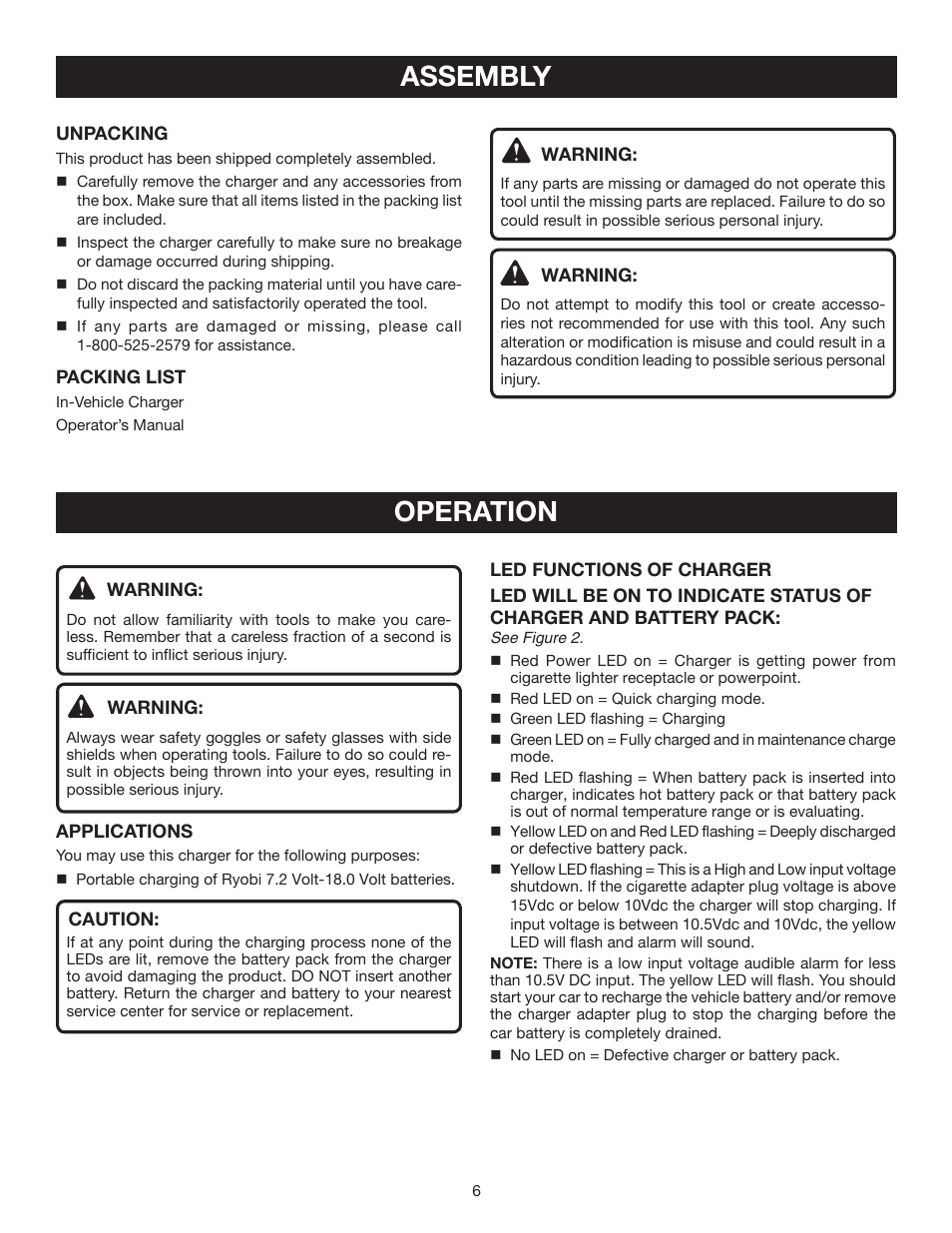 Operation, Assembly | Ryobi P130 User Manual | Page 6 / 10