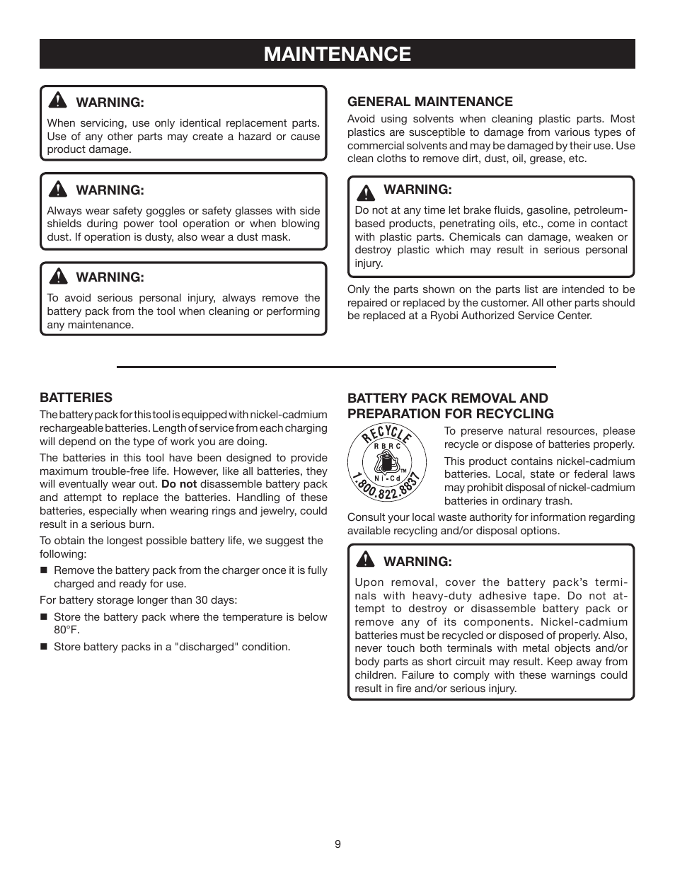 Maintenance | Ryobi P130 User Manual | Page 9 / 10