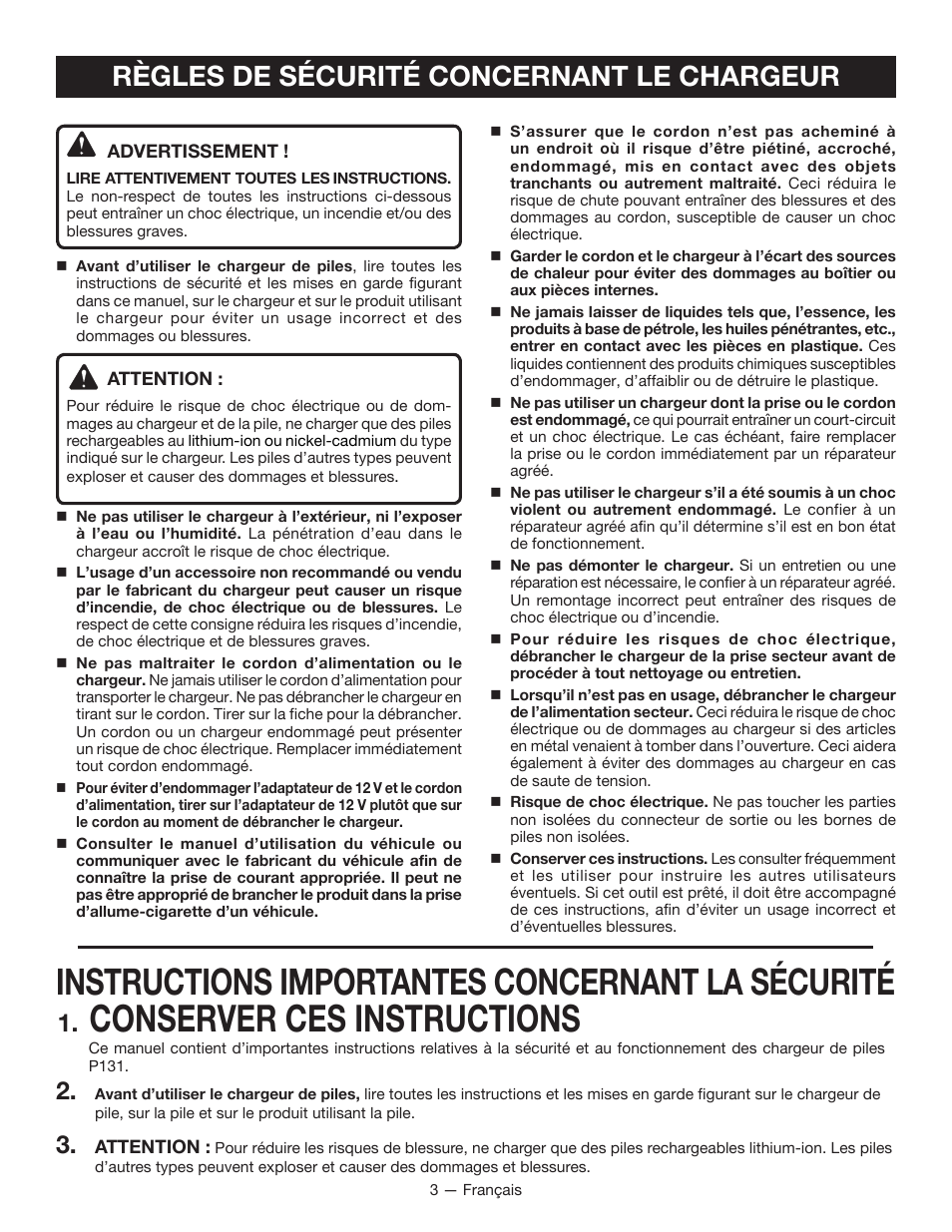 Conserver ces instructions, Instructions importantes concernant la sécurité, Règles de sécurité concernant le chargeur | Ryobi P131 User Manual | Page 10 / 25