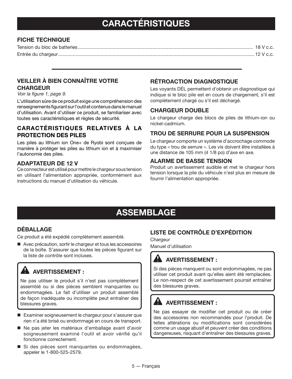 Caractéristiques, Assemblage | Ryobi P131 User Manual | Page 12 / 25