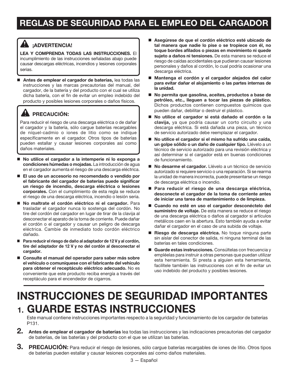 Instrucciones de seguridad importantes, Guarde estas instrucciones, Reglas de seguridad para el empleo del cargador | Ryobi P131 User Manual | Page 17 / 25