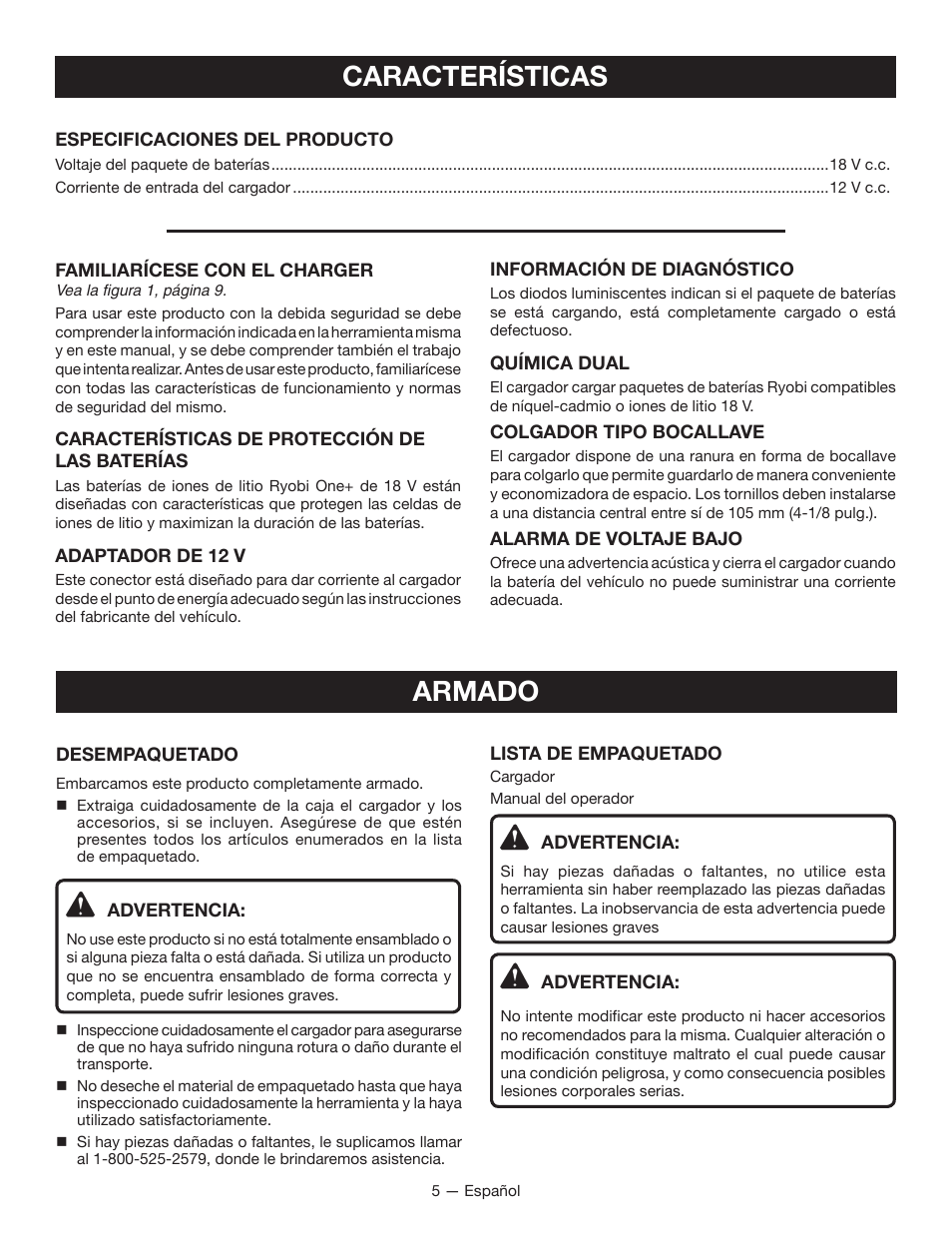 Armado, Características | Ryobi P131 User Manual | Page 19 / 25