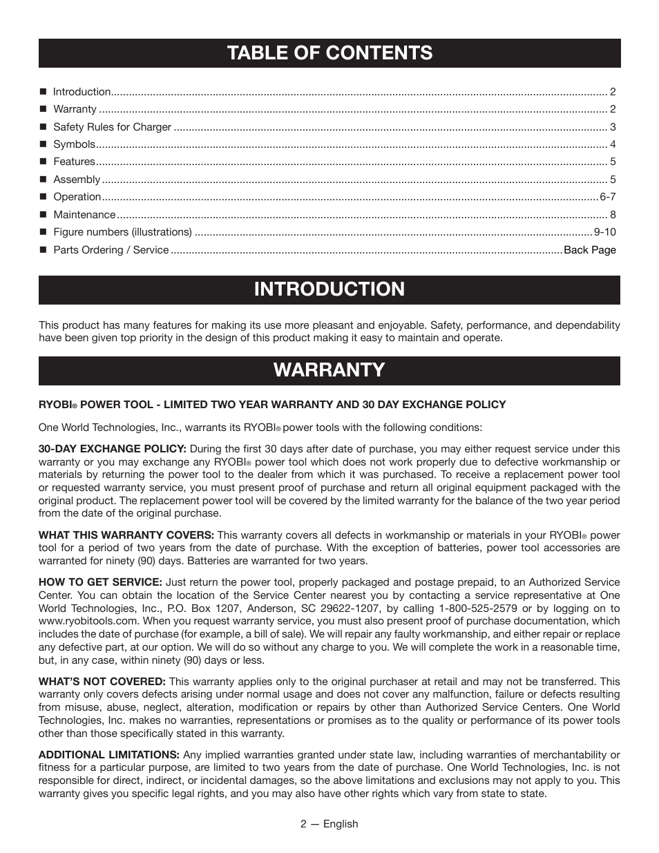 Table of contents introduction, Warranty | Ryobi P131 User Manual | Page 2 / 25