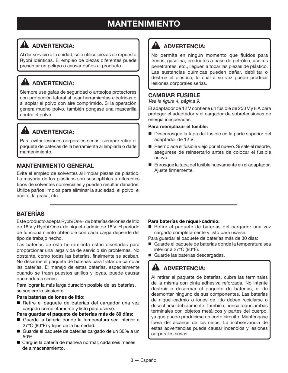 Mantenimiento | Ryobi P131 User Manual | Page 22 / 25