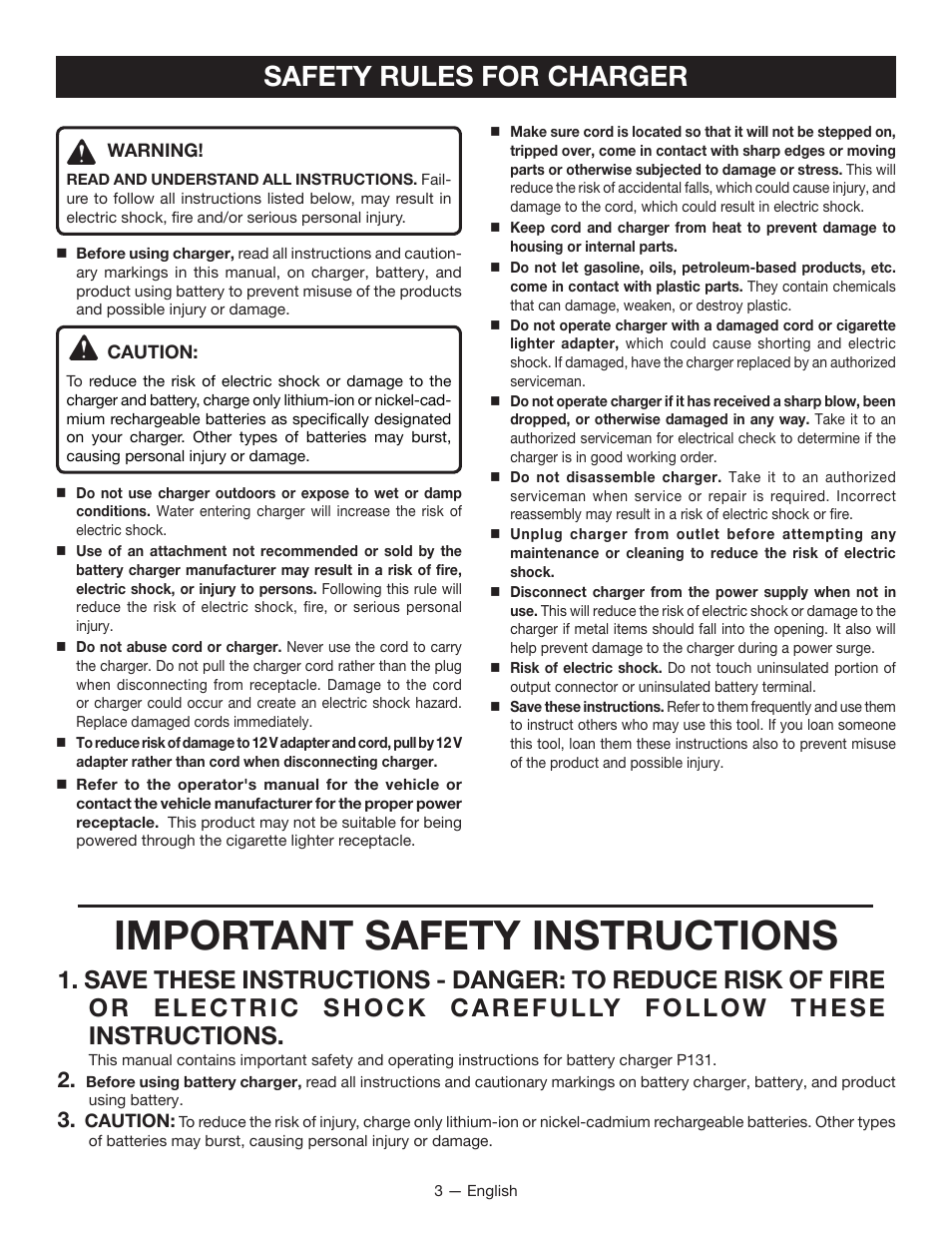 Important safety instructions, Safety rules for charger | Ryobi P131 User Manual | Page 3 / 25
