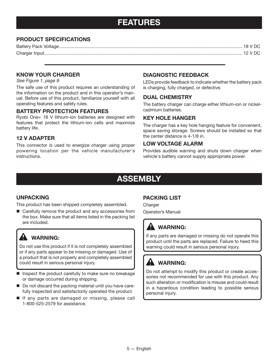 Features, Assembly | Ryobi P131 User Manual | Page 5 / 25