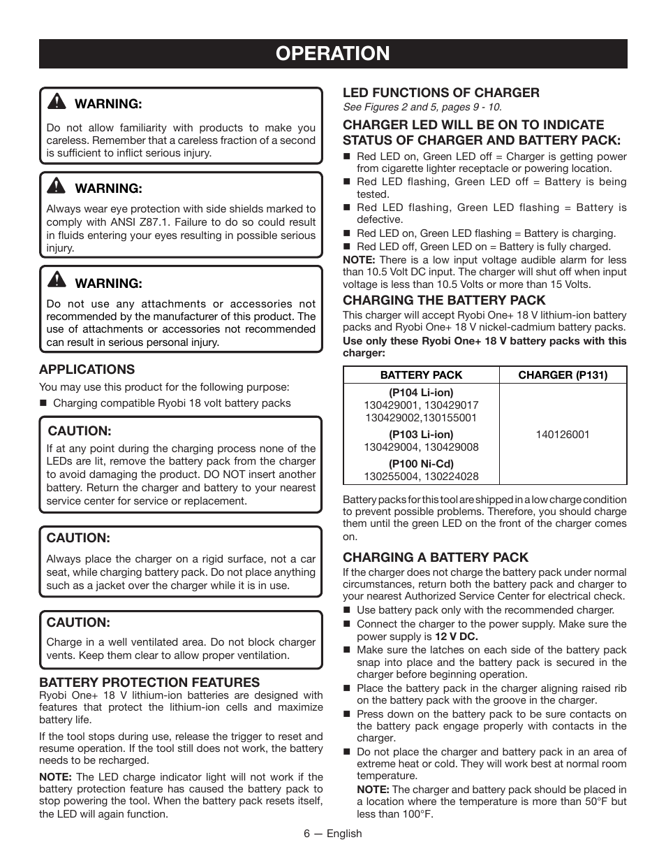 Operation | Ryobi P131 User Manual | Page 6 / 25