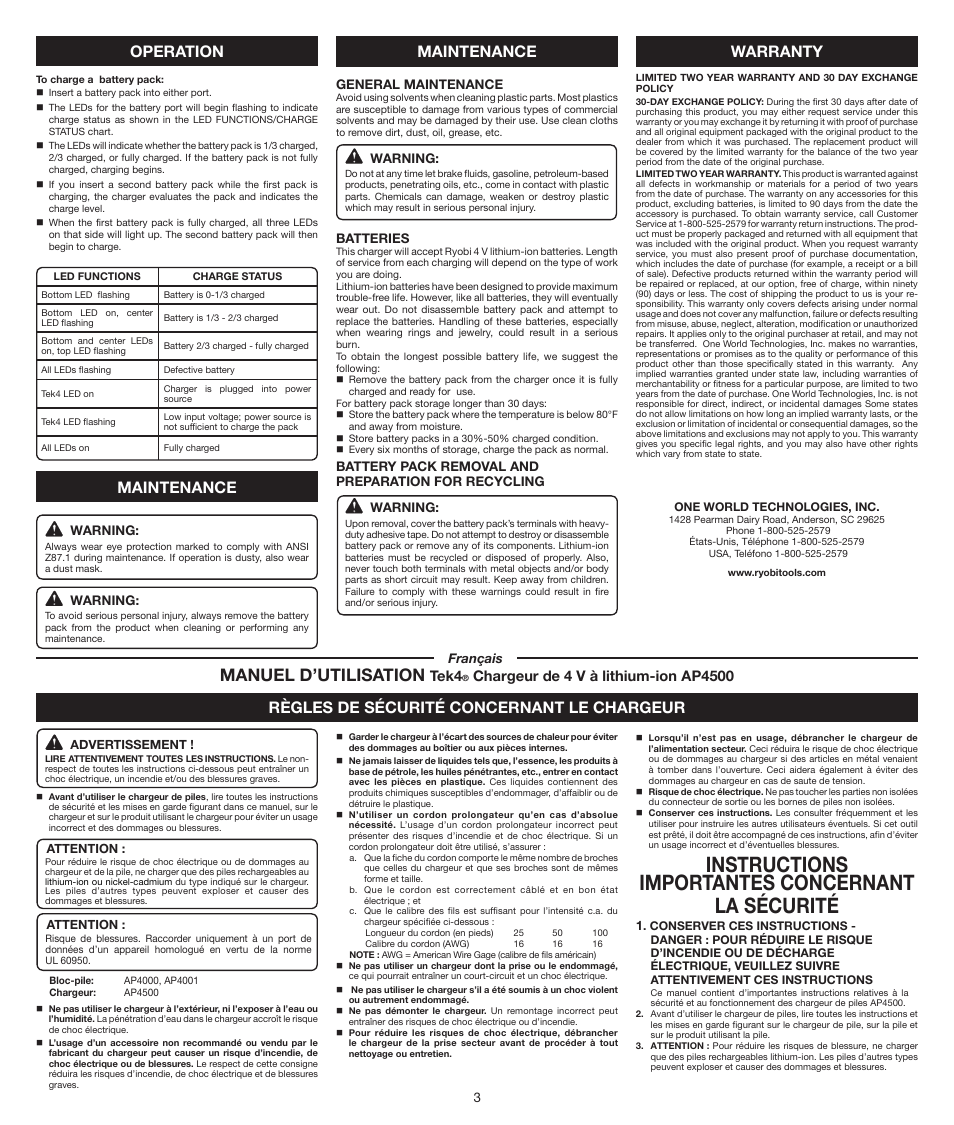 Instructions importantes concernant la sécurité, Manuel d’utilisation, Operation maintenance warranty maintenance | Règles de sécurité concernant le chargeur, Tek4, Chargeur de 4 v à lithium-ion, Ap4500 | Ryobi AP4500 User Manual | Page 3 / 8