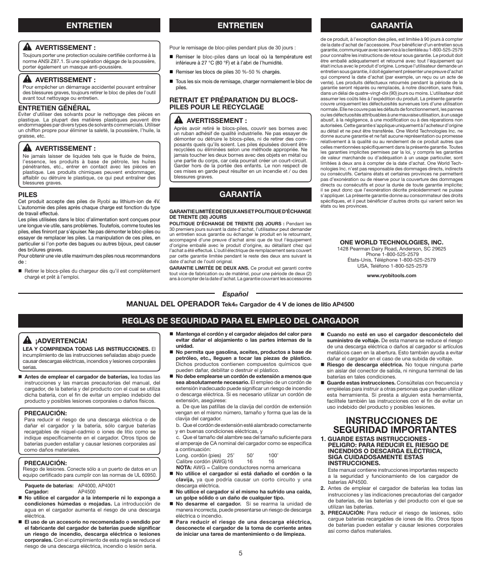 Instrucciones de seguridad importantes, Entretien, Garantía | Manual del operador | Ryobi AP4500 User Manual | Page 5 / 8