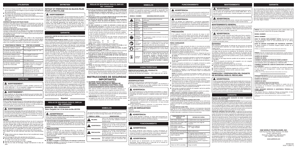 Instrucciones de seguridad importantes, Manual del operador, Entretien | Simbolos, Simbolos avertissement, Avertissement, Entretien général, Piles, Advertencia, Precaución | Ryobi AP4700 User Manual | Page 2 / 2