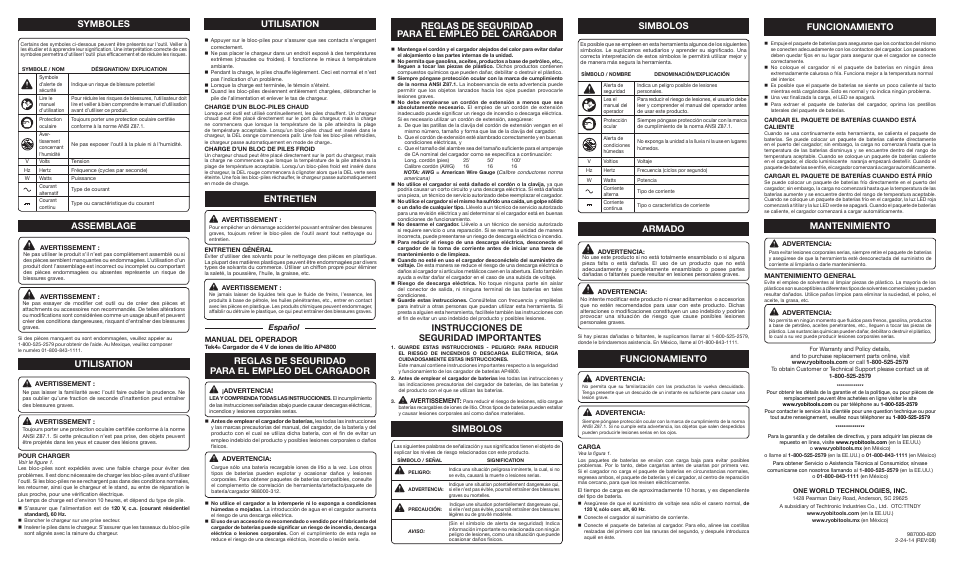 Funcionamiento, Mantenimiento armado, Instrucciones de seguridad importantes | Reglas de seguridad para el empleo del cargador, Español, Manual del operador, Advertencia, Mantenimiento general, One world technologies, inc, Avertissement | Ryobi AP4800 User Manual | Page 2 / 2