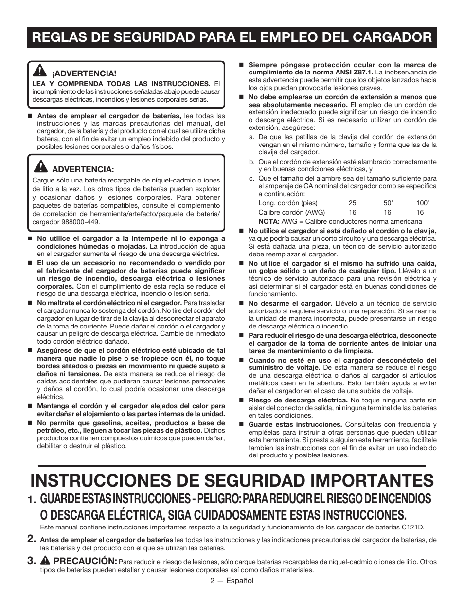 Instrucciones de seguridad importantes, Reglas de seguridad para el empleo del cargador | Ryobi C121D User Manual | Page 10 / 16