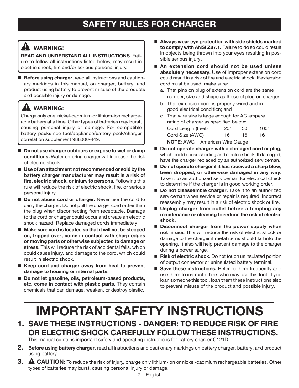 Important safety instructions, Safety rules for charger | Ryobi C121D User Manual | Page 2 / 16