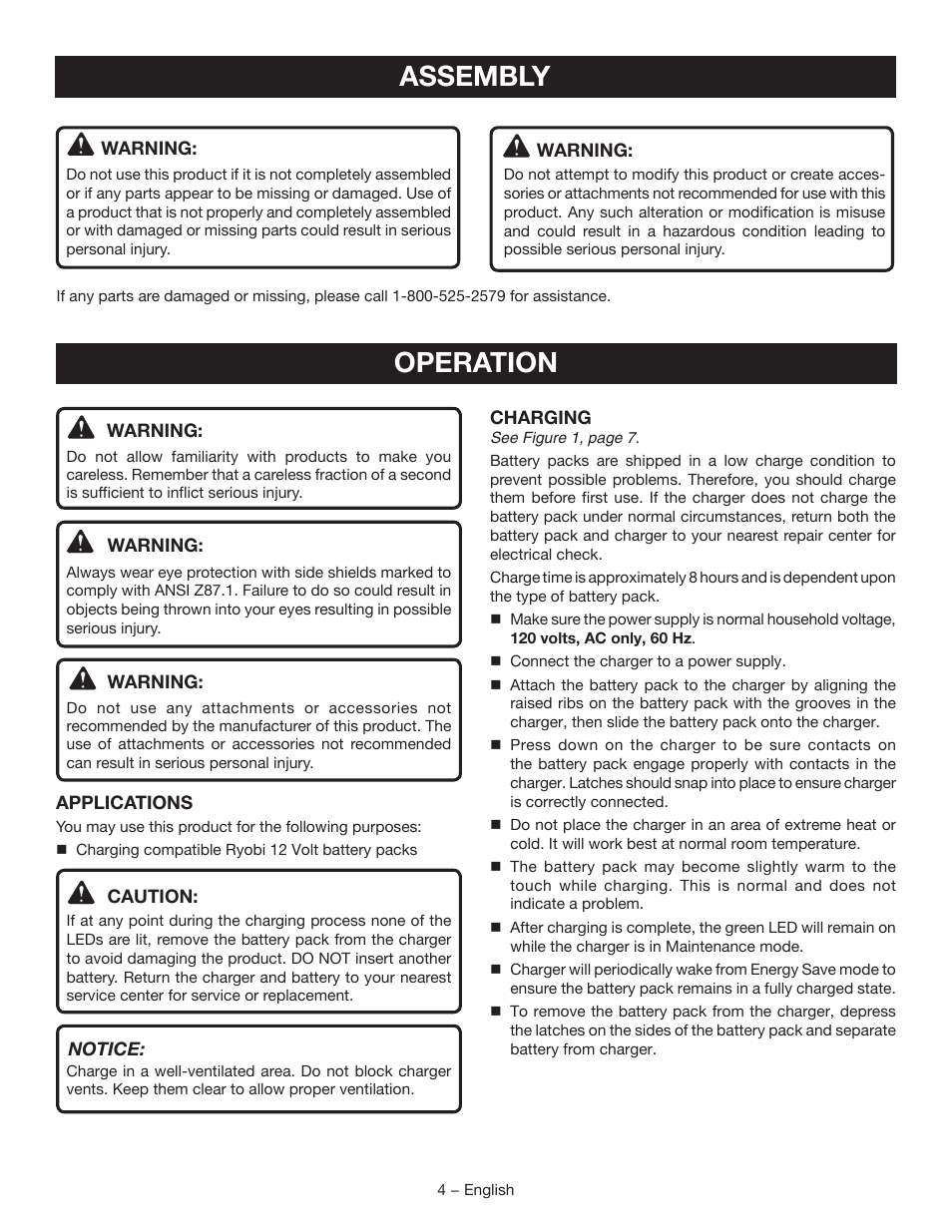 Assembly, Operation | Ryobi C121D User Manual | Page 4 / 16