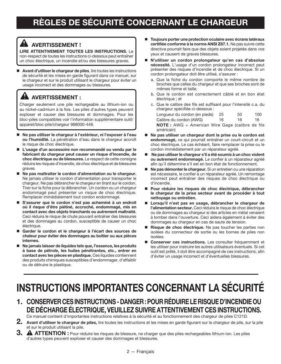 Instructions importantes concernant la sécurité, Règles de sécurité concernant le chargeur | Ryobi C121D User Manual | Page 6 / 16