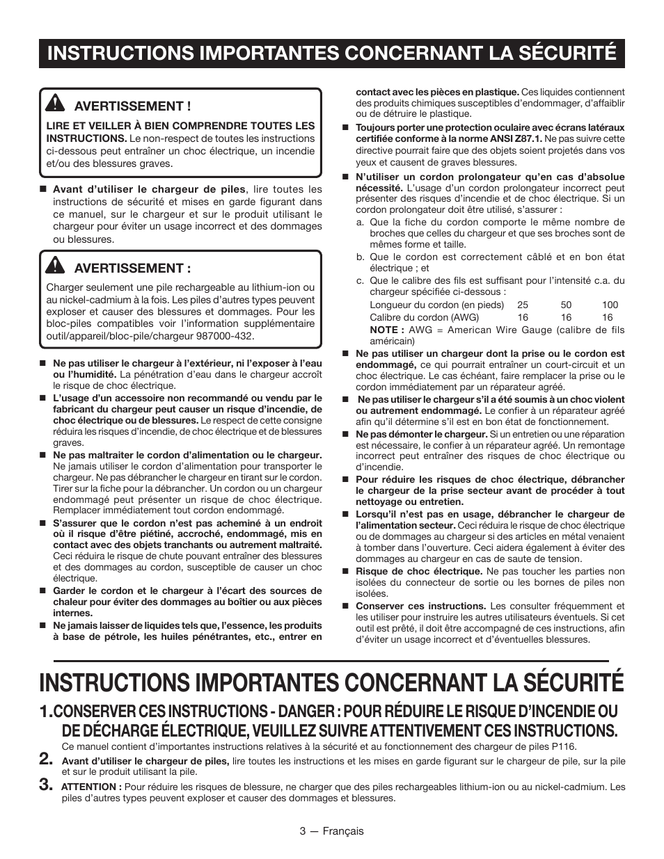 Instructions importantes concernant la sécurité | Ryobi P116 User Manual | Page 10 / 24