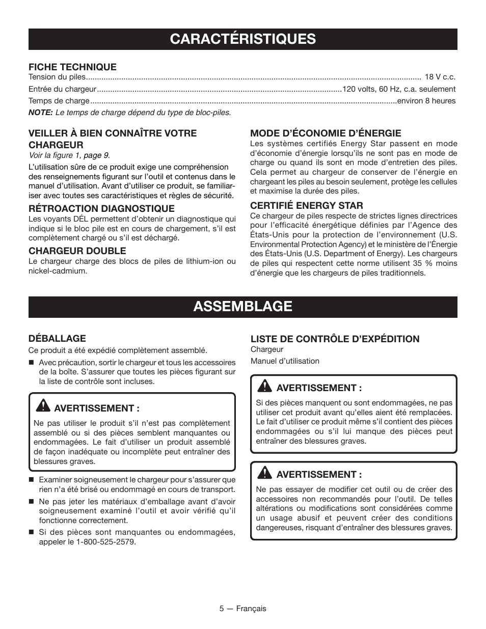 Caractéristiques assemblage | Ryobi P116 User Manual | Page 12 / 24