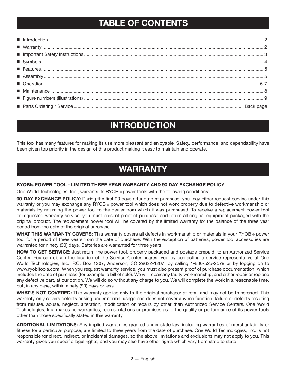 Table of contents introduction, Warranty | Ryobi P116 User Manual | Page 2 / 24