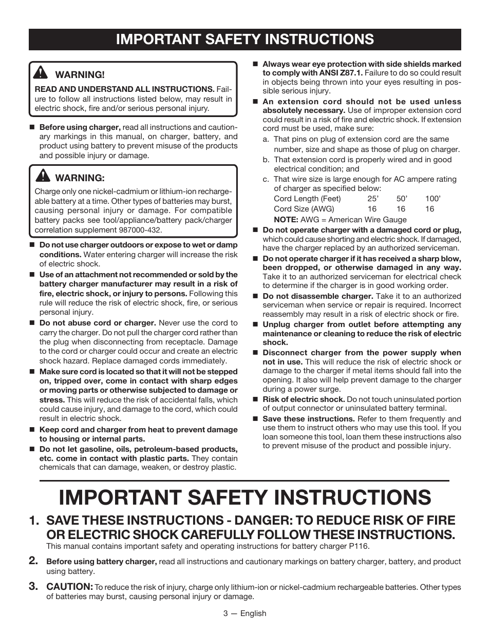 Important safety instructions | Ryobi P116 User Manual | Page 3 / 24