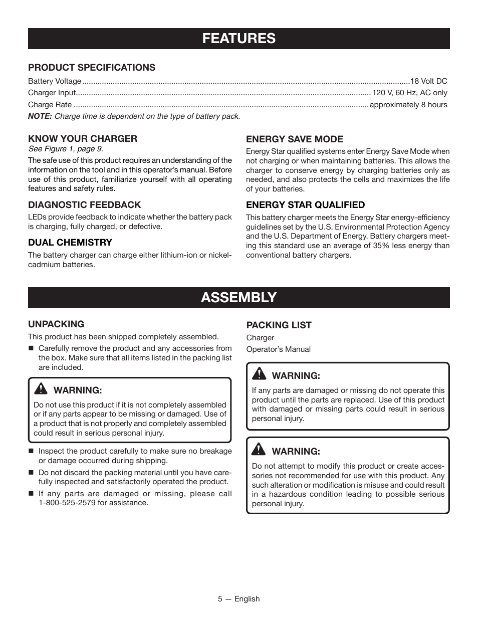 Features assembly | Ryobi P116 User Manual | Page 5 / 24