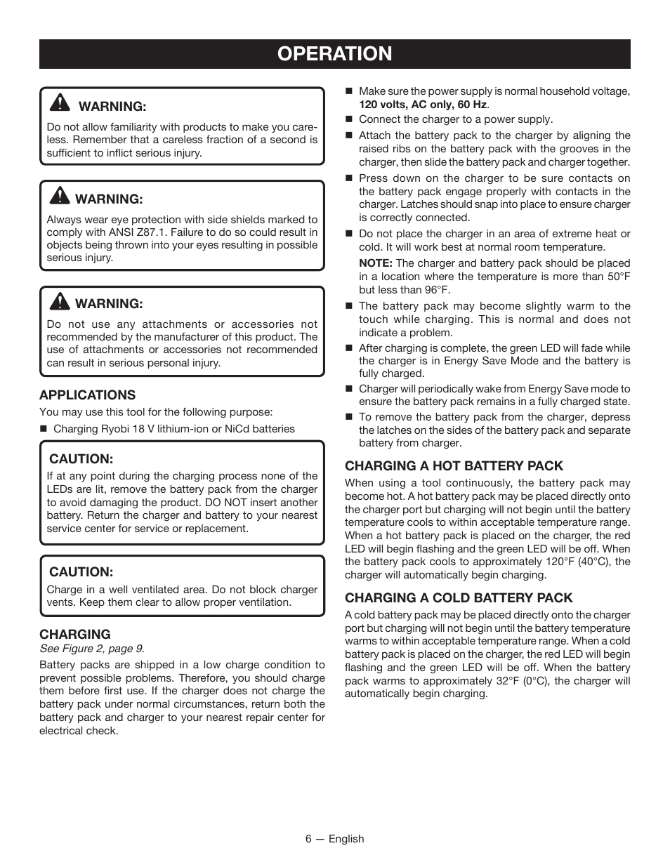 Operation | Ryobi P116 User Manual | Page 6 / 24