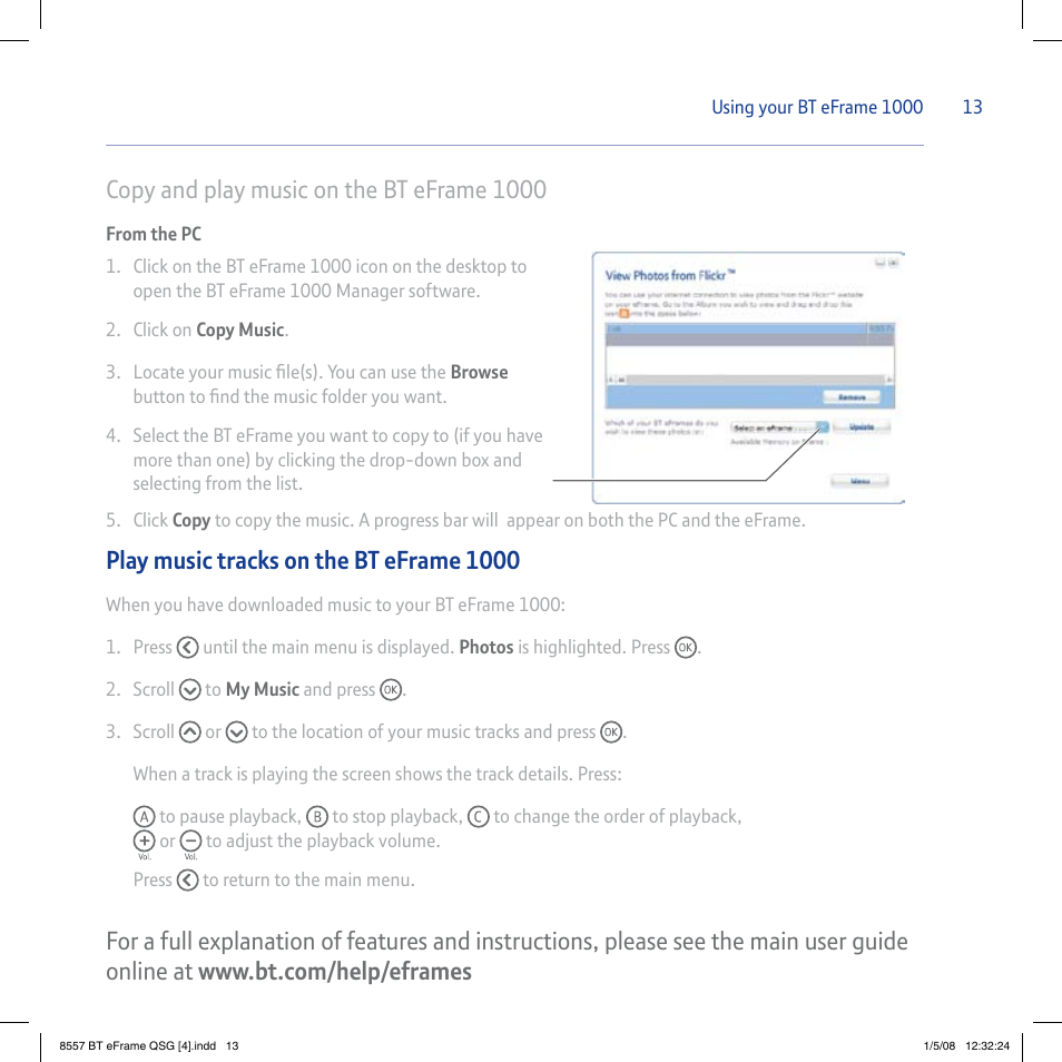 Copy and play music on the bt eframe 1000, Play music tracks on the bt eframe 1000 | BT eFrame 1000 User Manual | Page 13 / 16