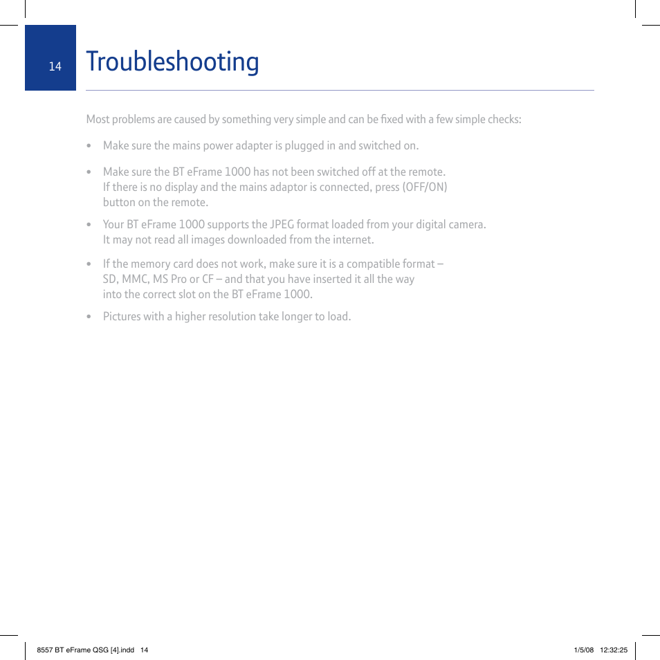 Troubleshooting | BT eFrame 1000 User Manual | Page 14 / 16
