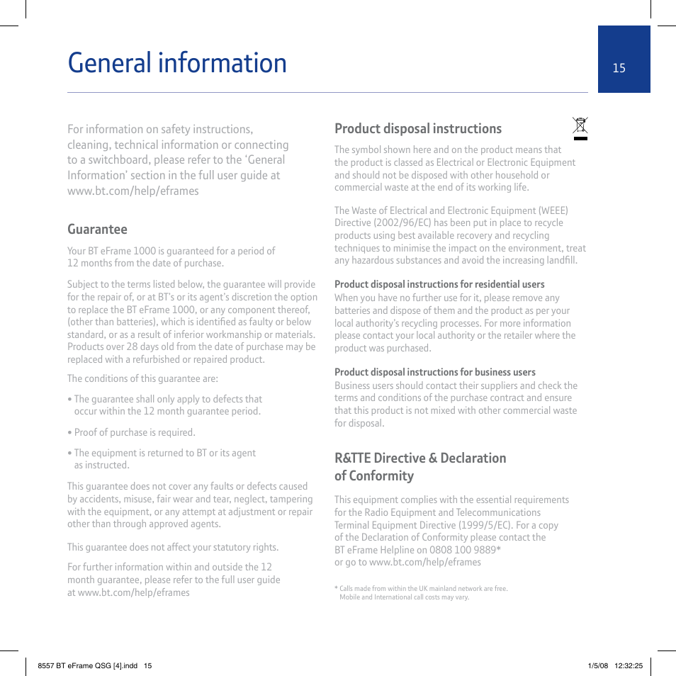 General information, Guarantee, Product disposal instructions | R&tte directive & declaration of conformity | BT eFrame 1000 User Manual | Page 15 / 16
