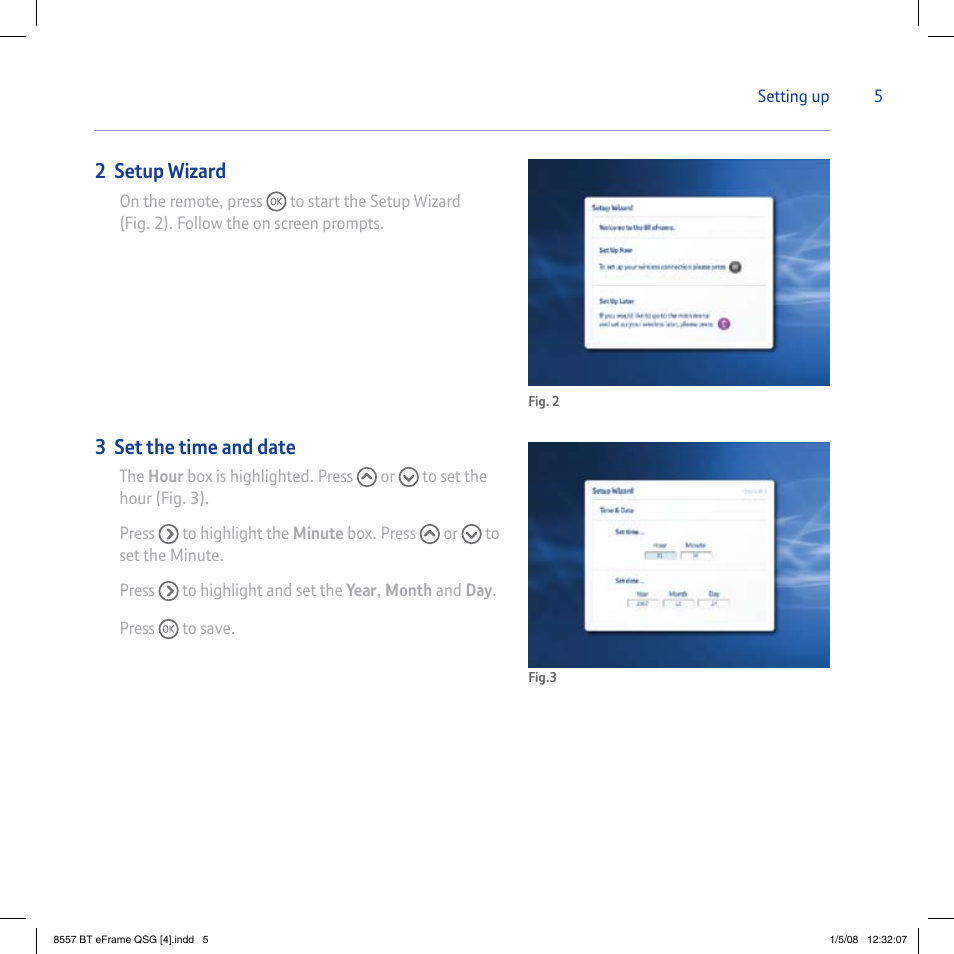 2 setup wizard, 3 set the time and date | BT eFrame 1000 User Manual | Page 5 / 16