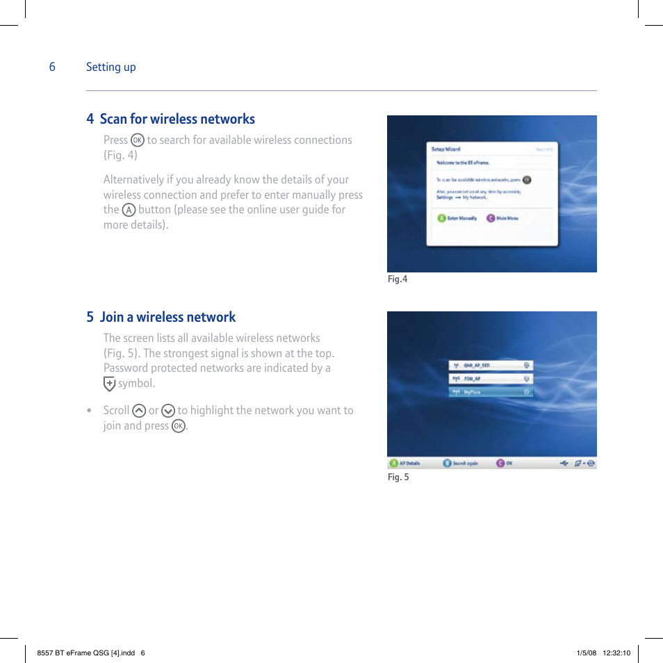 4 scan for wireless networks, 5 join a wireless network | BT eFrame 1000 User Manual | Page 6 / 16