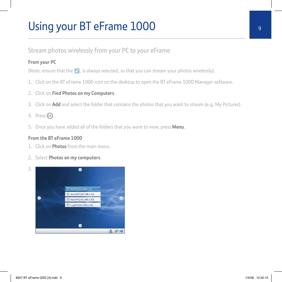 Using your bt eframe 1000 | BT eFrame 1000 User Manual | Page 9 / 16