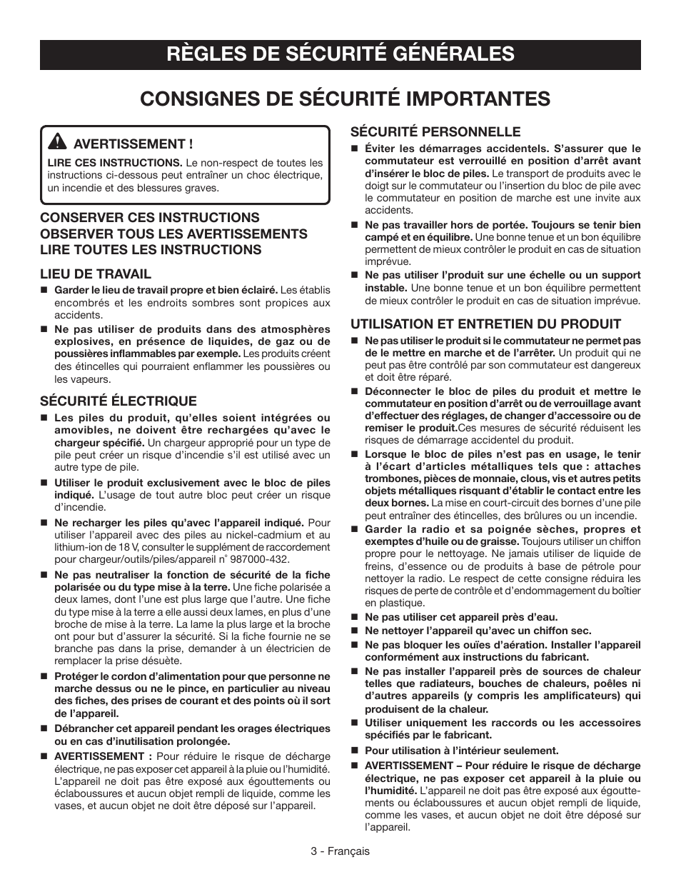 Règles de sécurité générales, Consignes de sécurité importantes, Avertissement | Sécurité électrique, Sécurité personnelle, Utilisation et entretien du produit | Ryobi P745 User Manual | Page 16 / 44