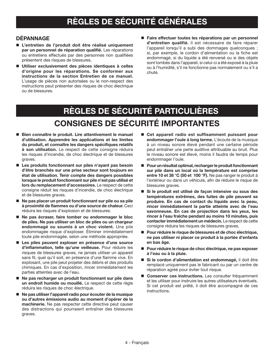 Règles de sécurité particulières, Dépannage | Ryobi P745 User Manual | Page 17 / 44