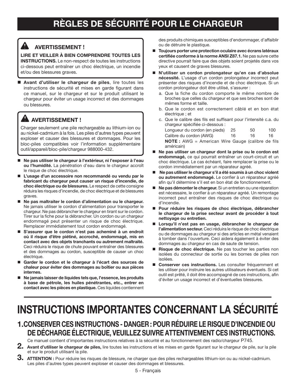 Instructions importantes concernant la sécurité, Règles de sécurité pour le chargeur | Ryobi P745 User Manual | Page 18 / 44