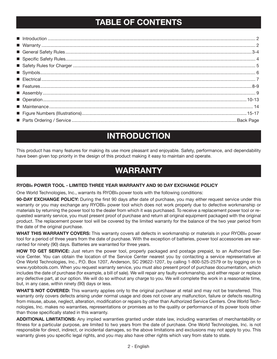 Table of contents introduction, Warranty | Ryobi P745 User Manual | Page 2 / 44