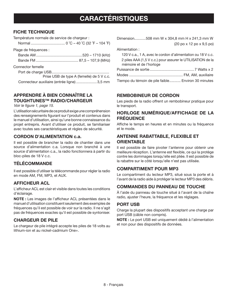 Caractéristiques | Ryobi P745 User Manual | Page 21 / 44