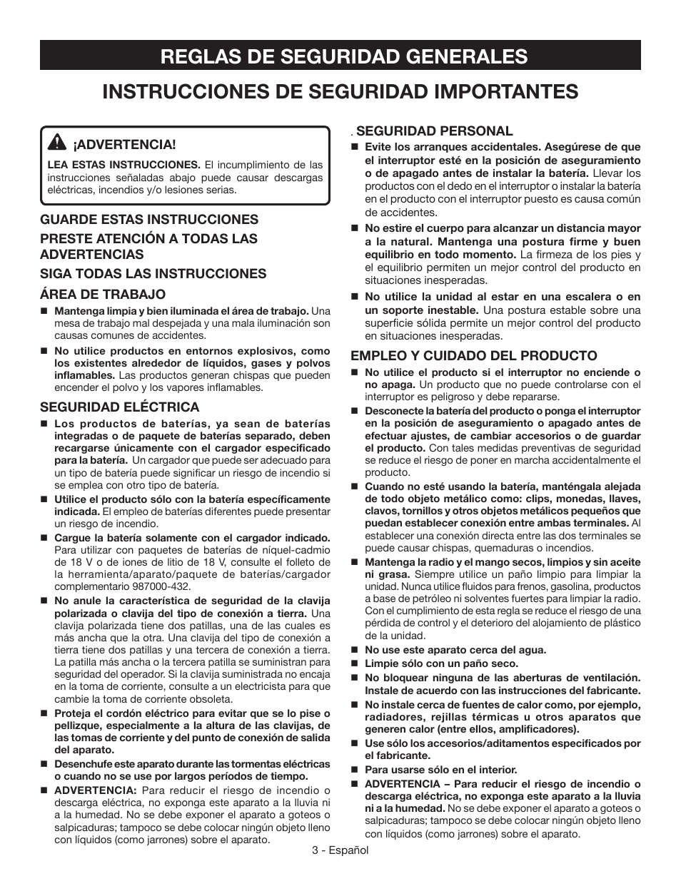 Advertencia, Seguridad eléctrica, Seguridad personal | Empleo y cuidado del producto | Ryobi P745 User Manual | Page 29 / 44