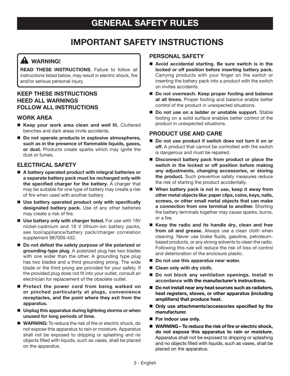 General safety rules, Important safety instructions | Ryobi P745 User Manual | Page 3 / 44