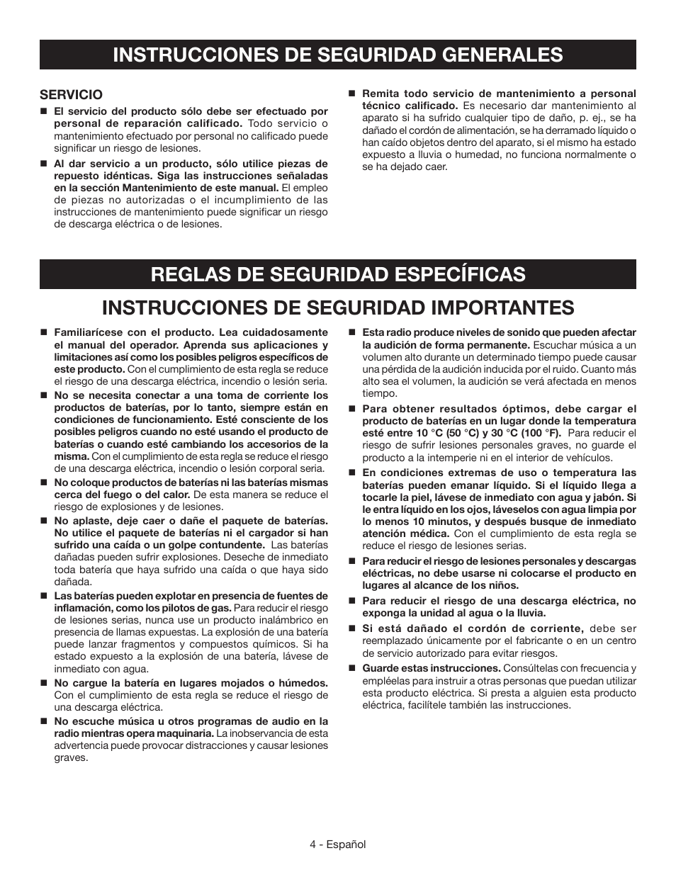Instrucciones de seguridad generales, Reglas de seguridad específicas, Instrucciones de seguridad importantes | Servicio | Ryobi P745 User Manual | Page 30 / 44
