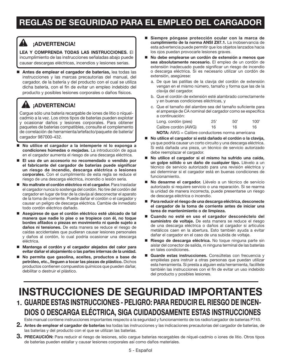 Instrucciones de seguridad importantes, Reglas de seguridad para el empleo del cargador | Ryobi P745 User Manual | Page 31 / 44